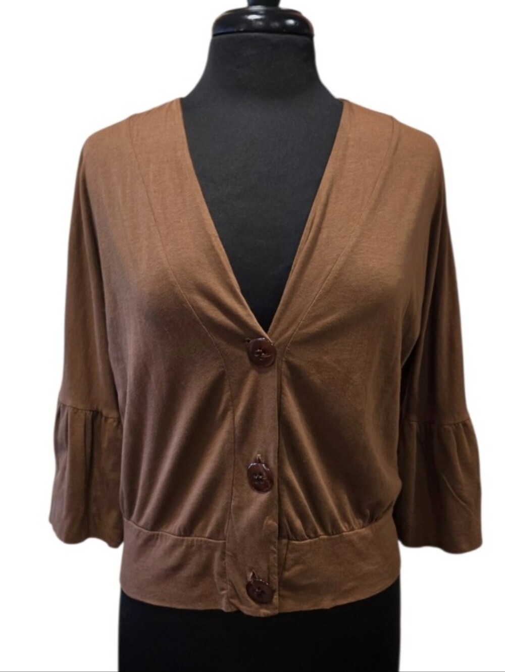 Johnny Was JWLA Brown Cardigan Top Button-Front V-Neck Flutter Sleeve Top